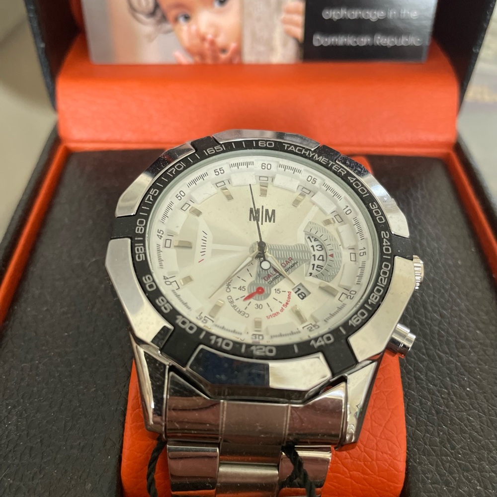 Men’s tachometer stainless steel Mad Man watch. Brand new, never worn w tags